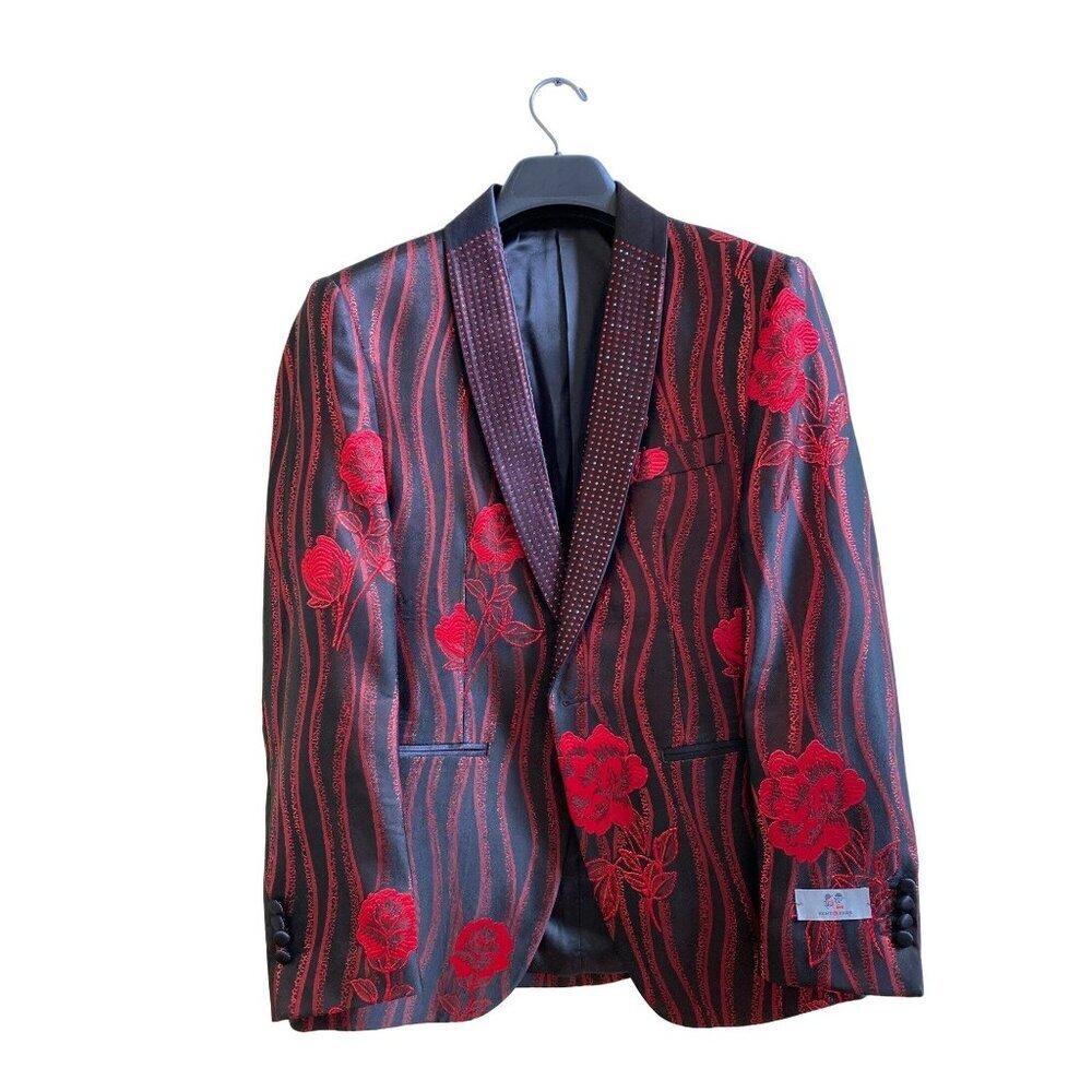 Mens Bertigo Park Black & Red Floral Embroidered Blazer & Bow Tie Set